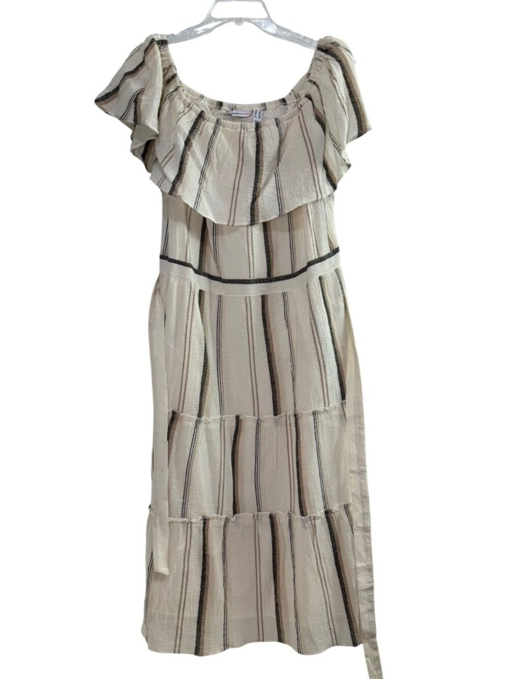 Isaac Mizrahi Live Striped Off-Shoulder Tiered Midi Dress Cotton Beige Black 16